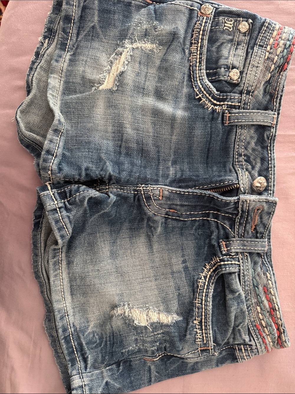 Miss Me Blue Distressed Denim Shorts with Embroidered Waistband